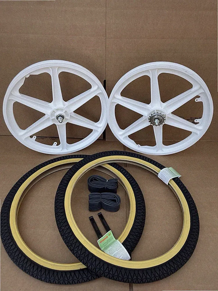 20" Bicycle Plastic WHITE 6-spoke Mag Wheels Gum Wall Tires Set GT Dyno Rims BMX