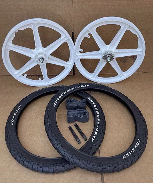 20" Bicycle Plastic WHITE 6-spoke Mag Wheels Motocross Tires Set GT Rims BMX