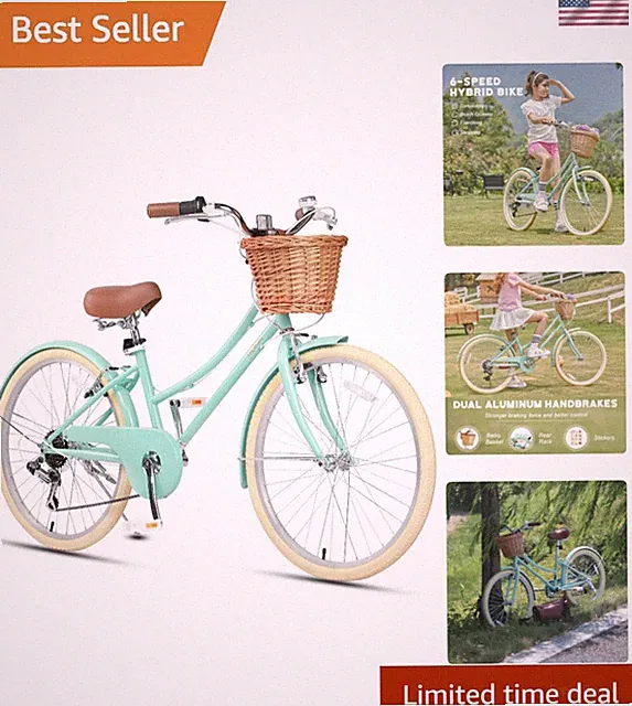 24 Inch Girls Beach Cruiser Bike - 6-Speed Hybrid with Wicker Basket & V-Brakes