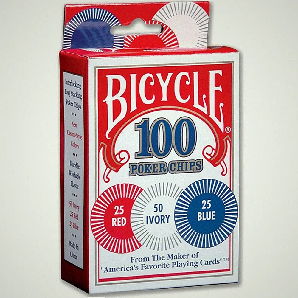Bicycle 100 Count 50 Ivory 25 Red 25 Blue Plastic Poker Chips Set Playing Cards