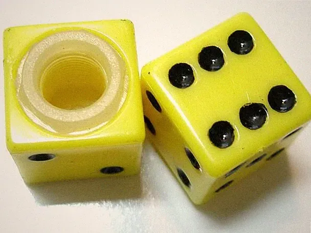 PAIR OF YELLOW DICE BICYCLE VALVE STEM CAPS PARTS 121