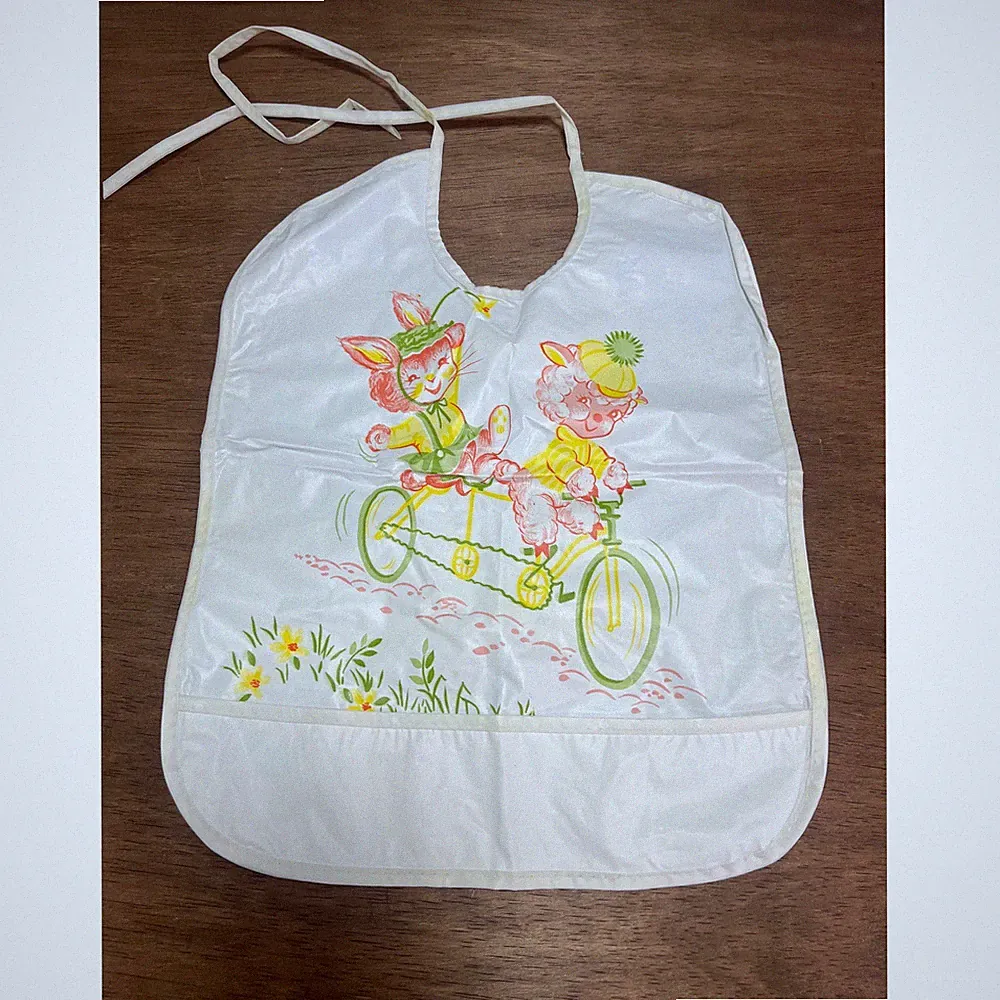 Vintage Dorsey Vinyl Baby Bib Anthropomorphic Kitten Lamb Tandem Bicycle Retro
