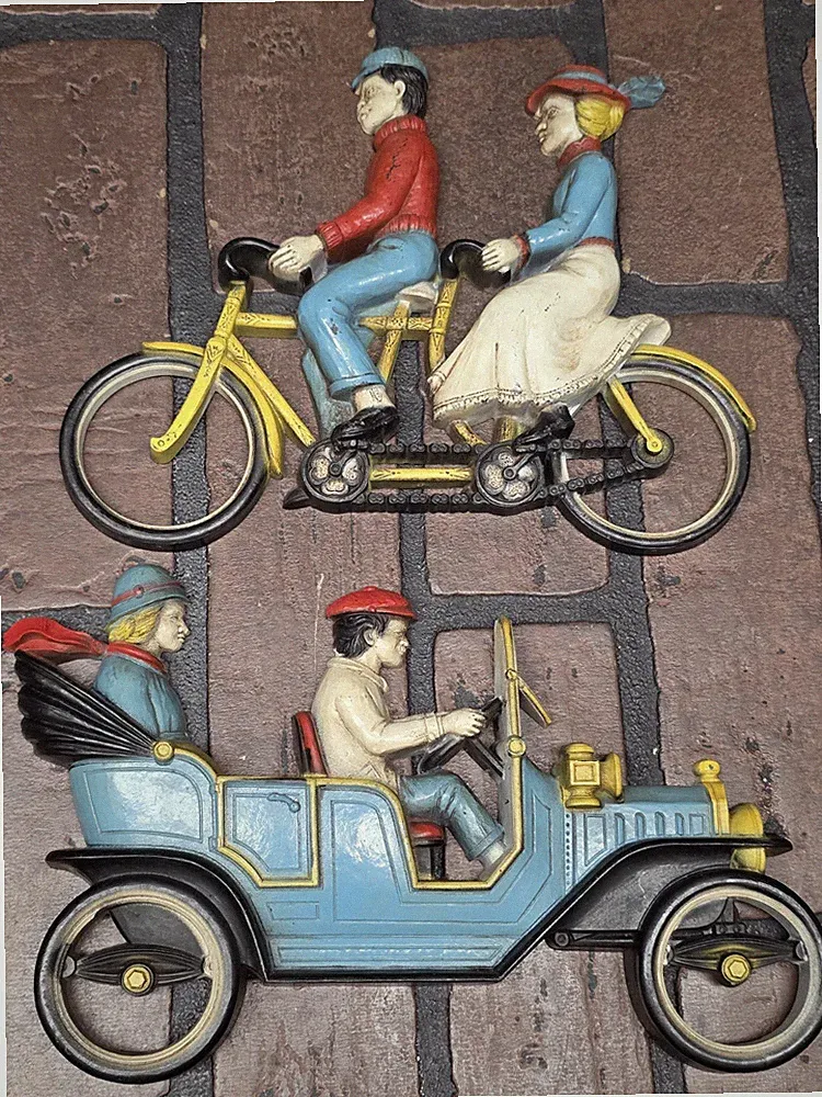 Vintage Homco Wall Hanging Plaques Plastic 7359 Automobile 7357 Tandem Bicycle